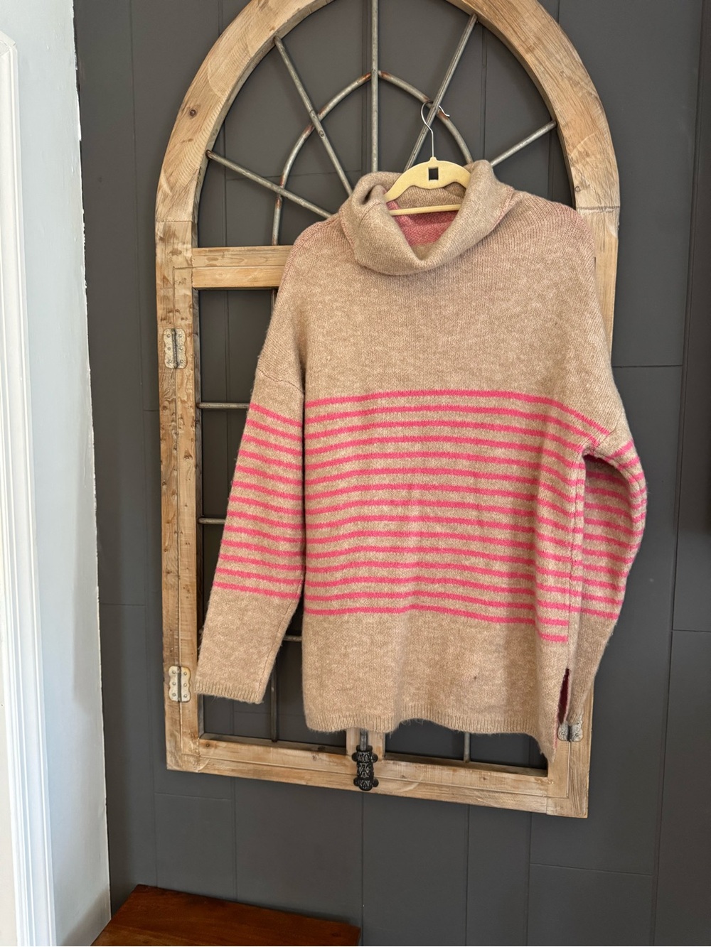 Lumiere Beige Turtleneck Sweater with Pink Stripes